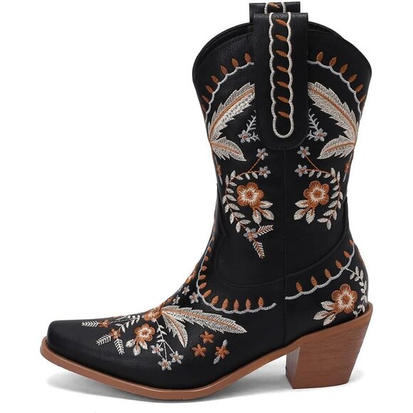 LIPUIXI Western Boots Women's Black Synthetic Pull On Floral Low Chunky Heel - Picture 2 of 8